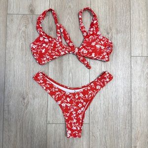 Red Floral Zaful Tie Front Bikini High Cut Cheeky